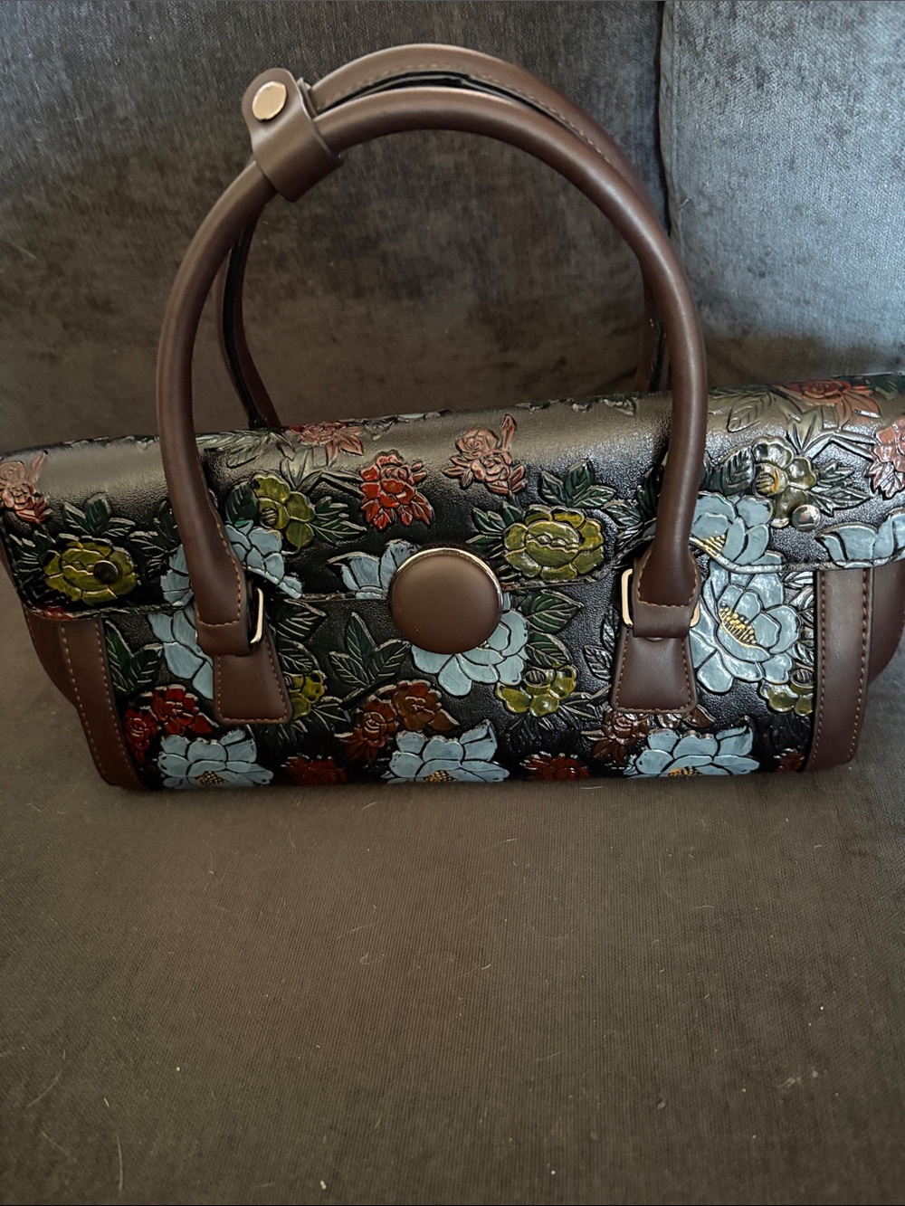 Women's Floral Embossed Leather Handbag in Black and Brown